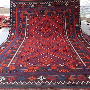 8&#39;3x13&#39;5 ft Large Vintage Kilim Rug, Afghan Handmade veg dyes Wool Area Rug, Orange Red Blue Black, Geometric Boho Rug, Dining Table Carpet