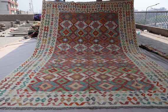 9x12 Afghan Kilim Rug, Muted Colors Geometric Rug, Turkmen Flatweave Kilim Rug, Handmade Wool Modern Kilim Rug, Bedroom Rug, Living Room Rug