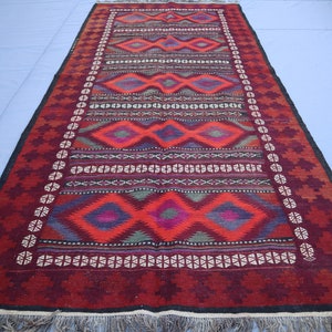 Turkmen Geometric Rug 4&#39;7x10 ft Afghan Flatweave Kilim Runner Rug, Vintage Tribal Rug, Oriental Red Rug, Wide Hallway Runner, Kitchen Runner