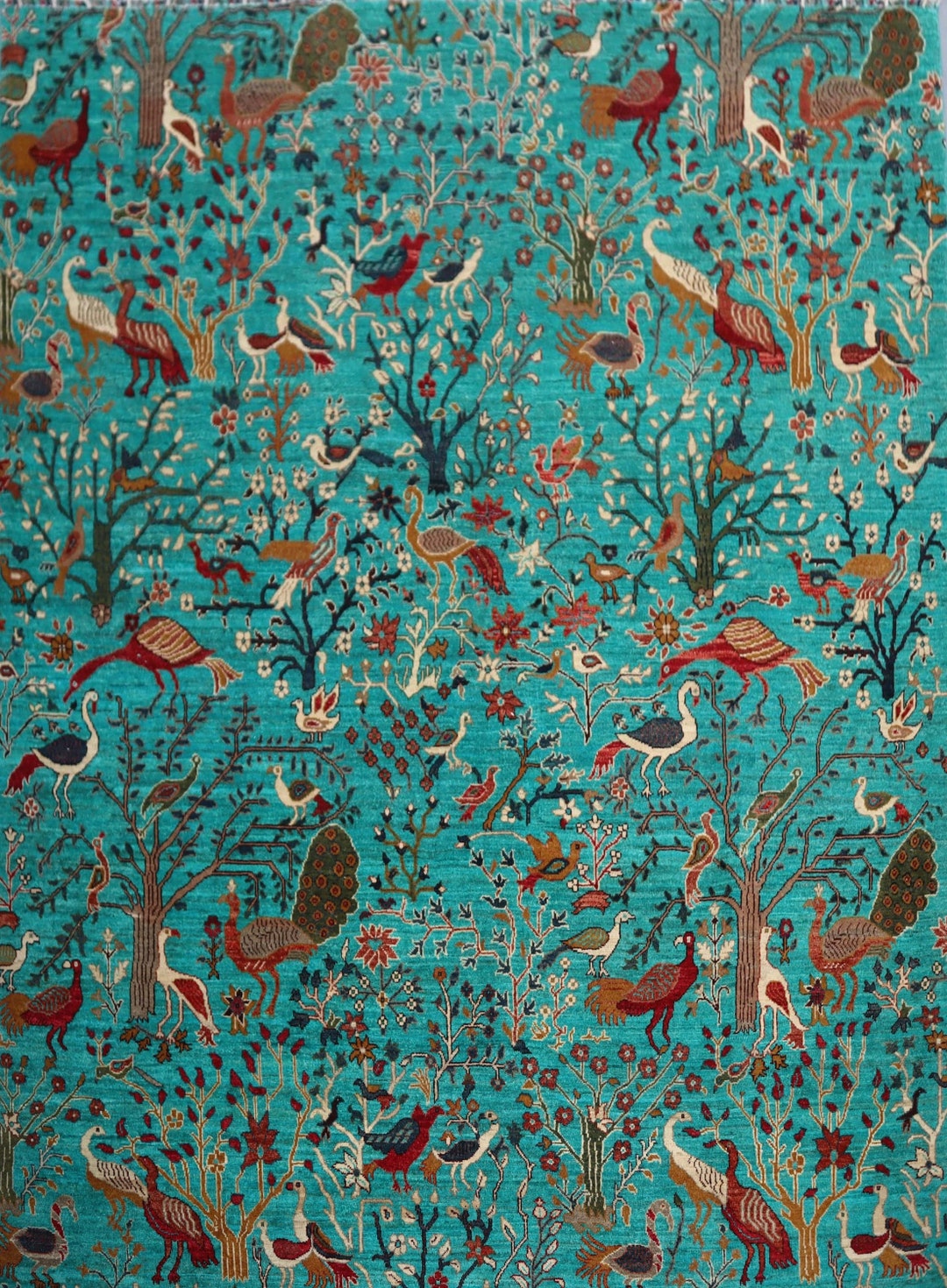 Turquoise 8x10 Pictorial Rug Hand Knotted Afghan Wool Area Rug, One of