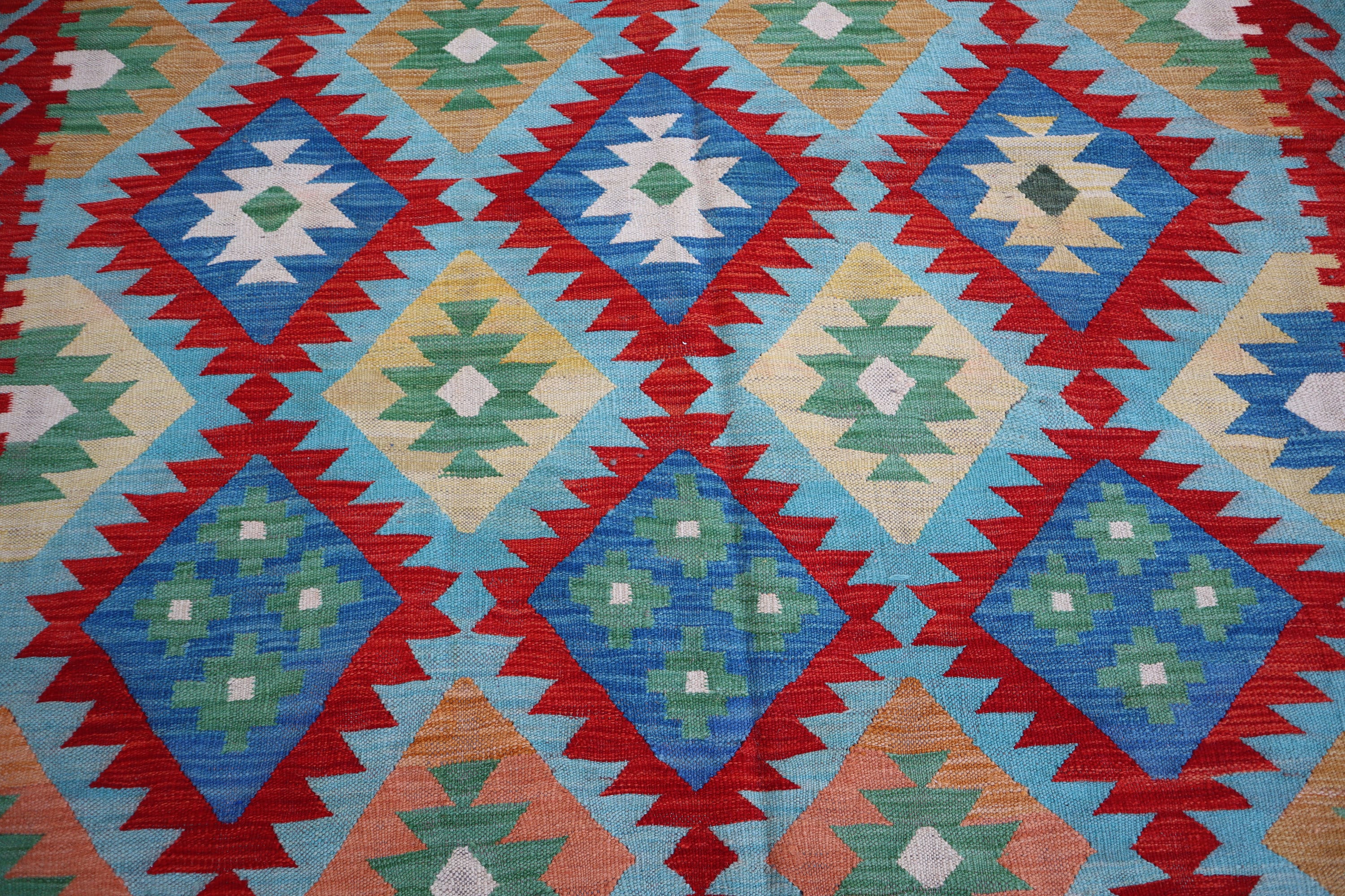 6x8 アフガニスタンキリムラグ、ソフトブルーレッドハンドメイドウール