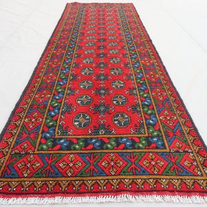 9 ft Red Afghan Runner Rug, Turkmen Hand Knotted veg dyes Plush Wool Rug, Oriental Traditional Runner Rug, Kitchen Runner, Hallway Runner