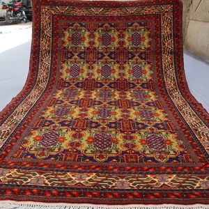 4&#39;4x6&#39;7 ft Navy Blue Green Vintage Rug, Afghan Hand Knotted veg dyes Wool Tribal Rug, Geometric Rug, Fine Antique Handmade Rug, Bedroom Rug