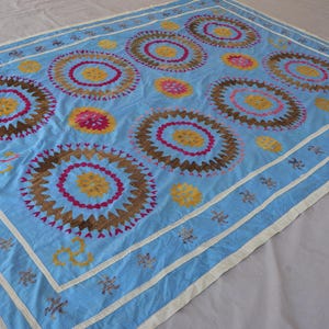 6x8 Sky Blue One of a kind Handmade Uzbek Suzani Antique Medallion, Tapestry Oriental Vintage Embroidery Bedspread, Wall Hanging, Home decor