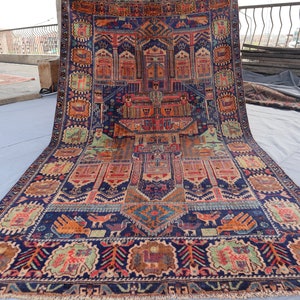 4&#39;5x8 ft Collectors Piece Vintage Rug, Afghan Hand Knotted High Pile Wool Rug, Antique Geometric Pictorial Baluchi Tribal Rug, Oriental Rug