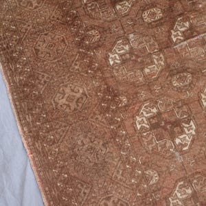 1920s Antique Brown Rug 4x7 ft Afghan Bukhara Rug, Low Pile Handmade Wool Rug, Oriental Faded Rug, Turkmen Tribal Area Rug for Living Room image 12