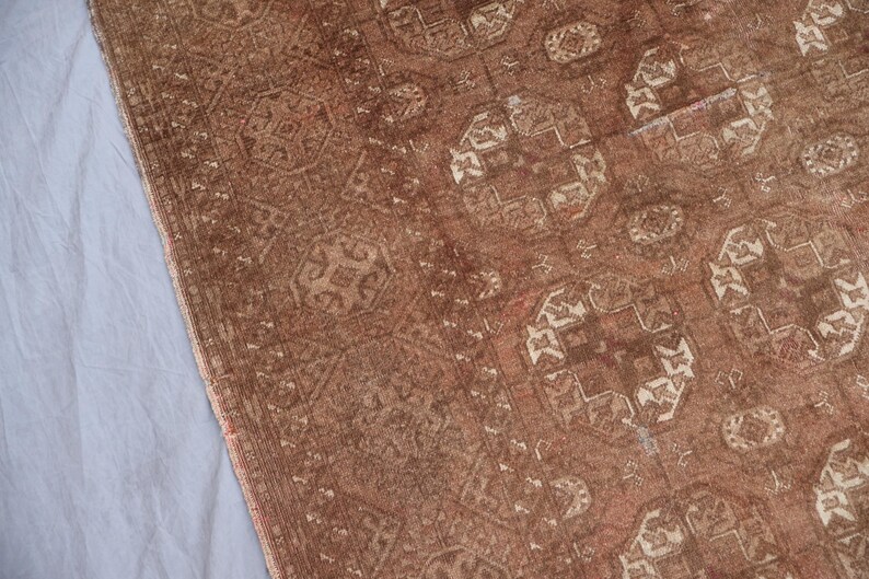 1920s Antique Brown Rug 4x7 ft Afghan Bukhara Rug, Low Pile Handmade Wool Rug, Oriental Faded Rug, Turkmen Tribal Area Rug for Living Room image 12