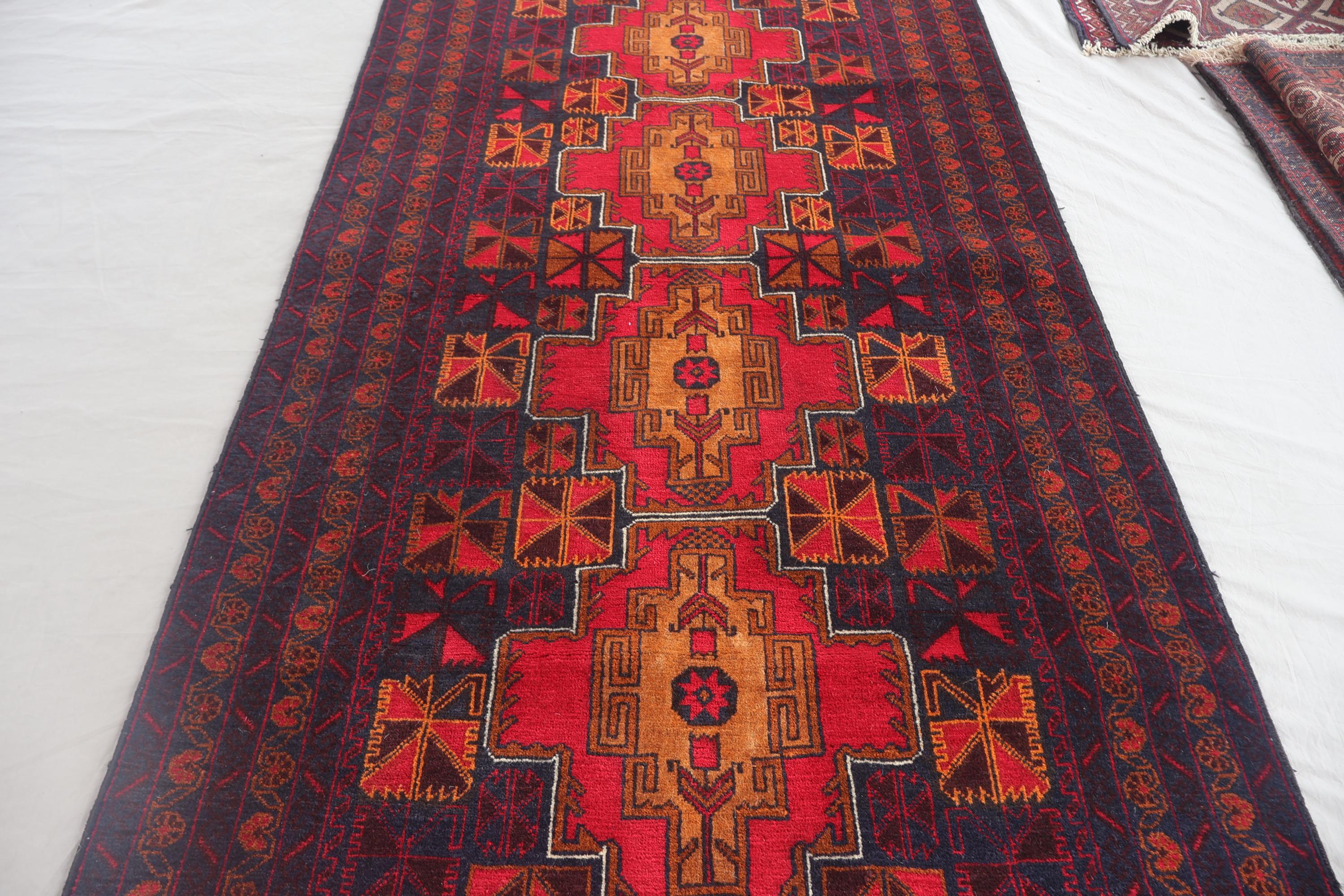 1970s Antique Rug 3'7x7 Ft Orange Afghan Handmade Wool Area Rug