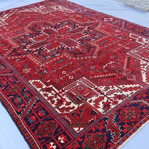 Red Antique Rug 8x12 Collectors piece Rug, Authentic Heriz Handmade Low Pile Wool Rug, Geometric Vintage Rug, Living Room Rug, Bedroom Rug