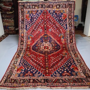 6x9 ft Vintage Rug, Navy Blue Red Antique Caucasian Geometric Rug, Oriental Area rug, Handmade veg dyes Wool rug, Living room Rug, 5'5x8'8