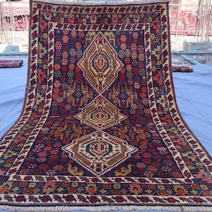 3&#39;7x6 ft One of a Kind Geometric Rug, Hand Knotted Afghan Rug, Vintage Baluchi Area Rug, Antique Oriental Rug, Bedroom Rug, Living Room Rug