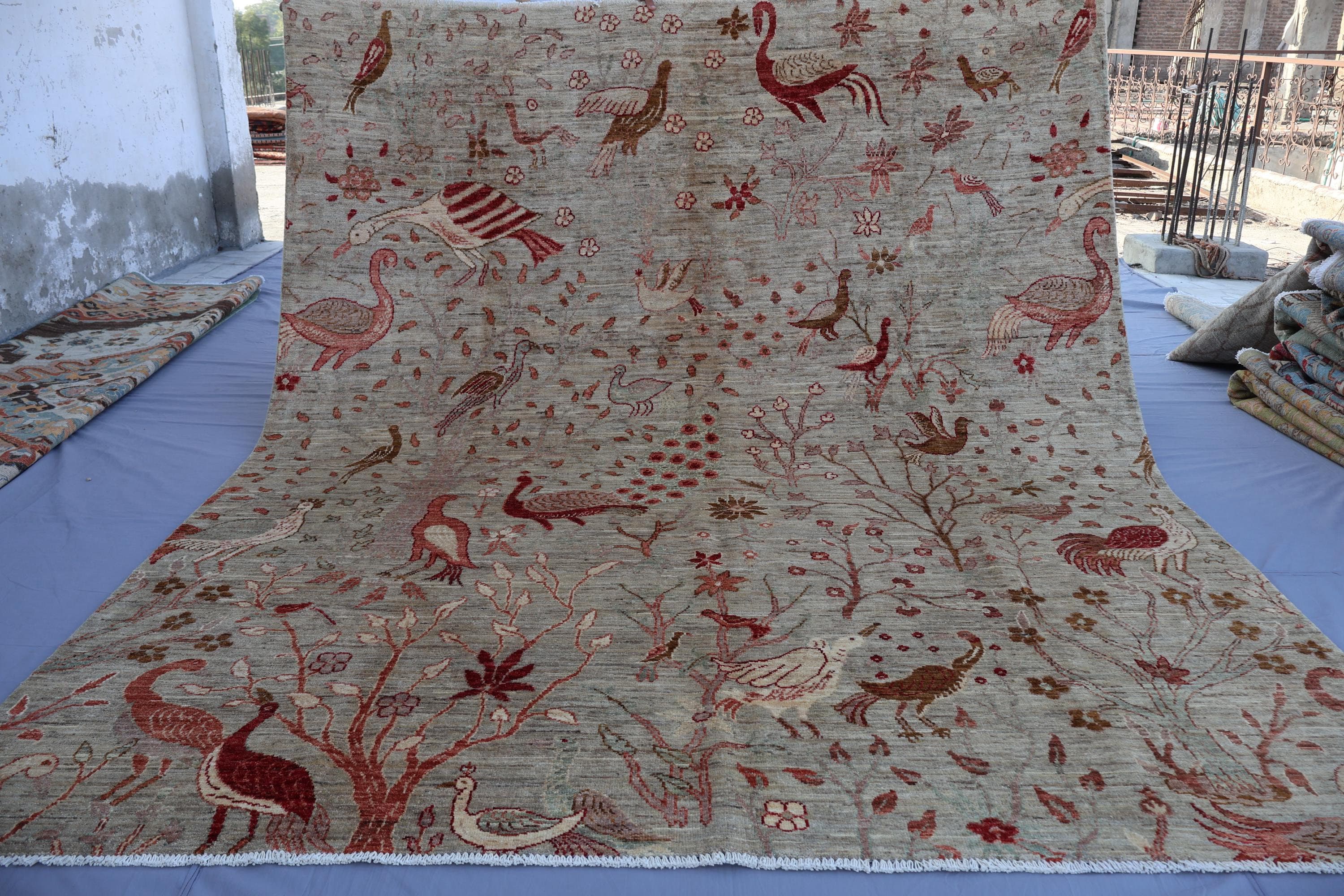 グレー 8x10 鳥の絵柄ラグ ハンドノット アフガンウール エリアラグ