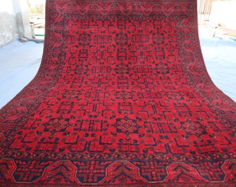 Tappeto turkmeno Bukhara, 6 x 8 piedi, tappeto rosso vintage fatto a mano in lana a pelo alto, tappeto tribale Khal Mohammedi, tappeto orientale afgano, tappeto da soggiorno