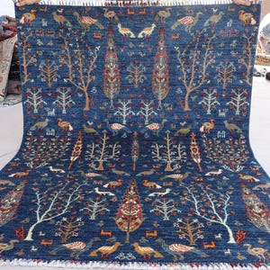 5x7 Navy Blue Rug, Peacock Birds Trees Pictorial Rug, Fine Quality Hand Knotted Soft Wool Rug, Oriental Afghan Rug, Bedroom, Kids Room Rug