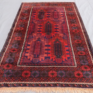 4x6 ft Afghan Geometric Antique Rug, 3&#39;7x6&#39;1 Hand Knotted Wool Tribal Rug, Qalamdani Vintage Baluchi Rug, Navy Red Oriental Rug, Bedroom Rug