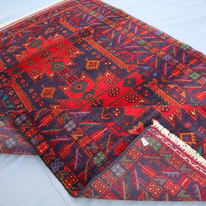 4x7 Antique Geometric Rug, Red Vintage Afghan Hand Knotted Soft Pile Wool Baluchi Area Rug, Living Room Carpet, One of a kind Caucasian rug