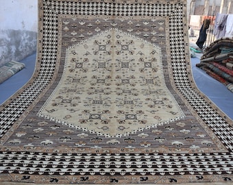 9x12 Heriz Pattern Handmade Geometric Rug, Beige Afghan Hand Knotted Wool Area Rug, Oriental Turkmen Rug Living Room Rug Dining Table Carpet