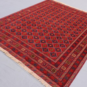 5x6 ft Afghan Geometric Mashwani Baluchi Rug, Turkman Handmade Soft Wool Rug, Red Tribal Area Rug, Vintage Oriental Rug, Bedroom Carpet