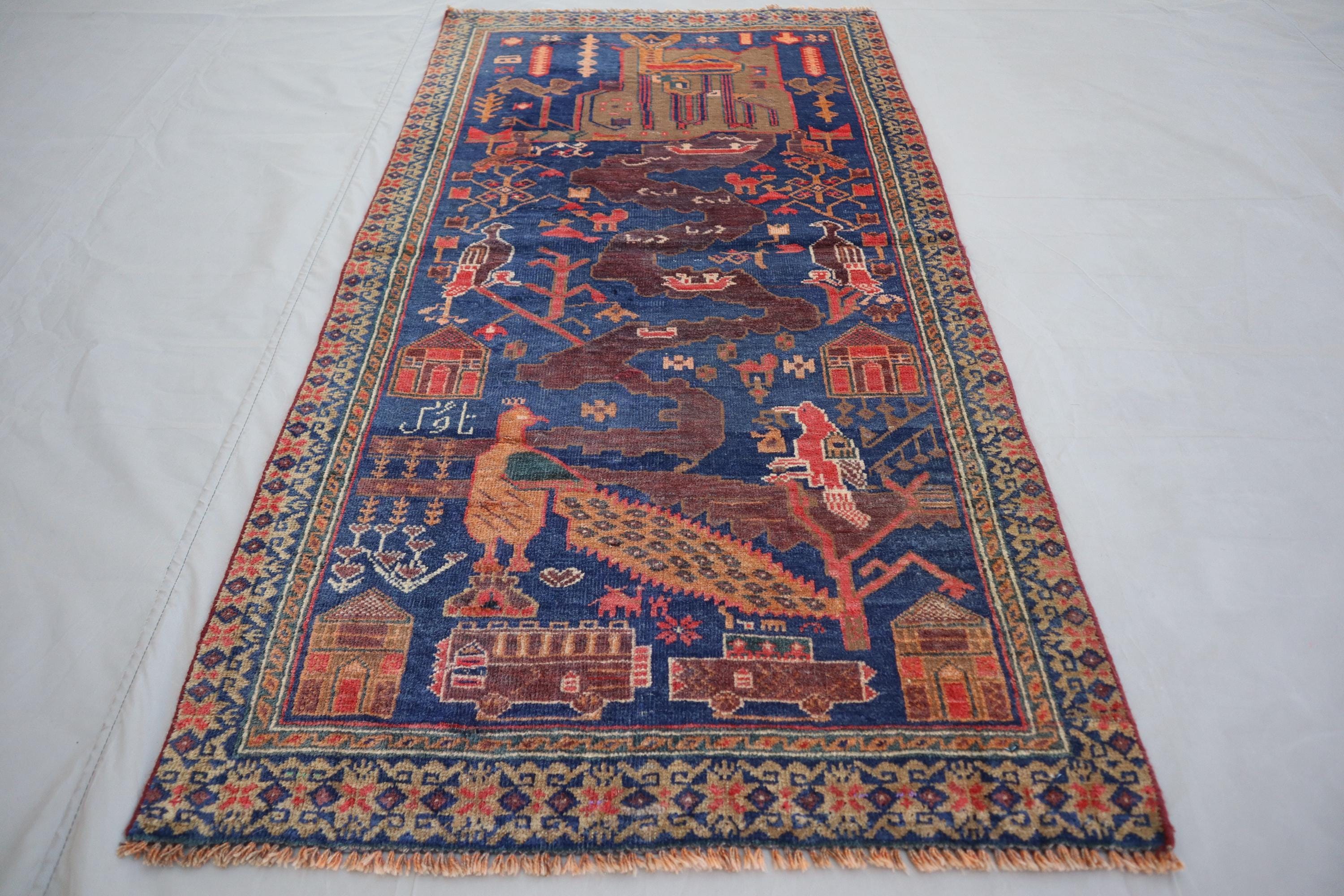 Collectors piece 2'5x4'4 ft Navy Blue Vintage Pictorial Area rug - Tribal Baluch Afghan Handmade Soft pile Wool rug - Home decor Boho Carpet
