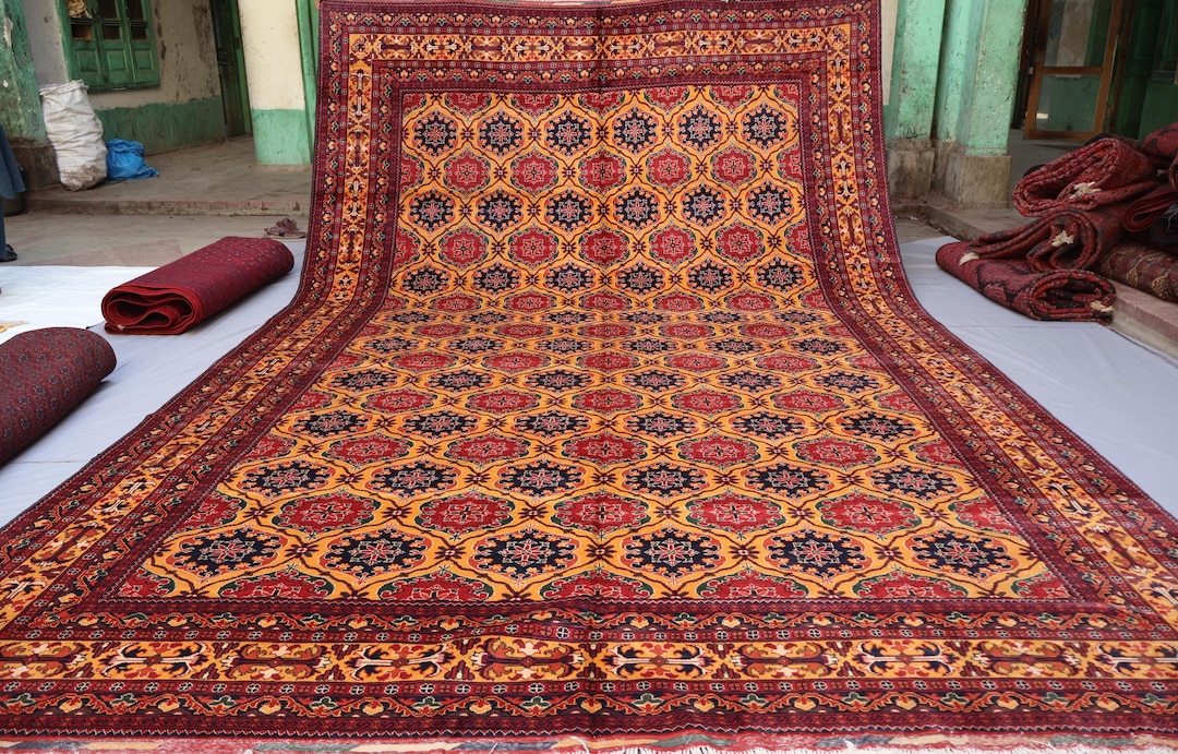 10x16 Palace Size Area Rug - Golden Geometric Afghan Hand Knotted Veg ...
