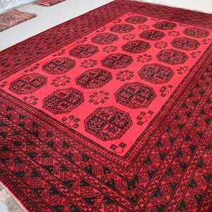 Vintage Ersari Rug 6&#39;7x9&#39;5 ft Afghan Handmade Soft Wool Area Rug, Turkmen Tribal Red Rug, Antique Oriental Bukhara Rug, Rugs for living room