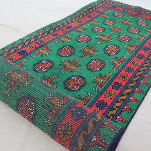 10 ft Runner Rug, Green Red Natural Veg dyes Rug, Afghan Handmade Wool Tribal Carpet, Turkmen Bukhara Rug, Hallway Runner, Kitchen Runner