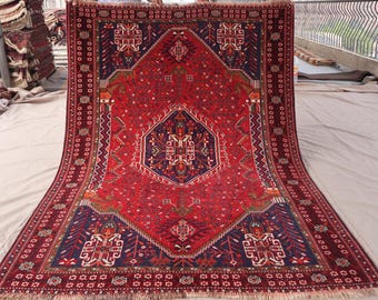 5x7 Antique rug, Afghan Caucasian Rug, Handmade Wool Rug, Tribal Geometric Rug, Pictorial Red Oriental Vintage Area Rug, Living Room Carpet