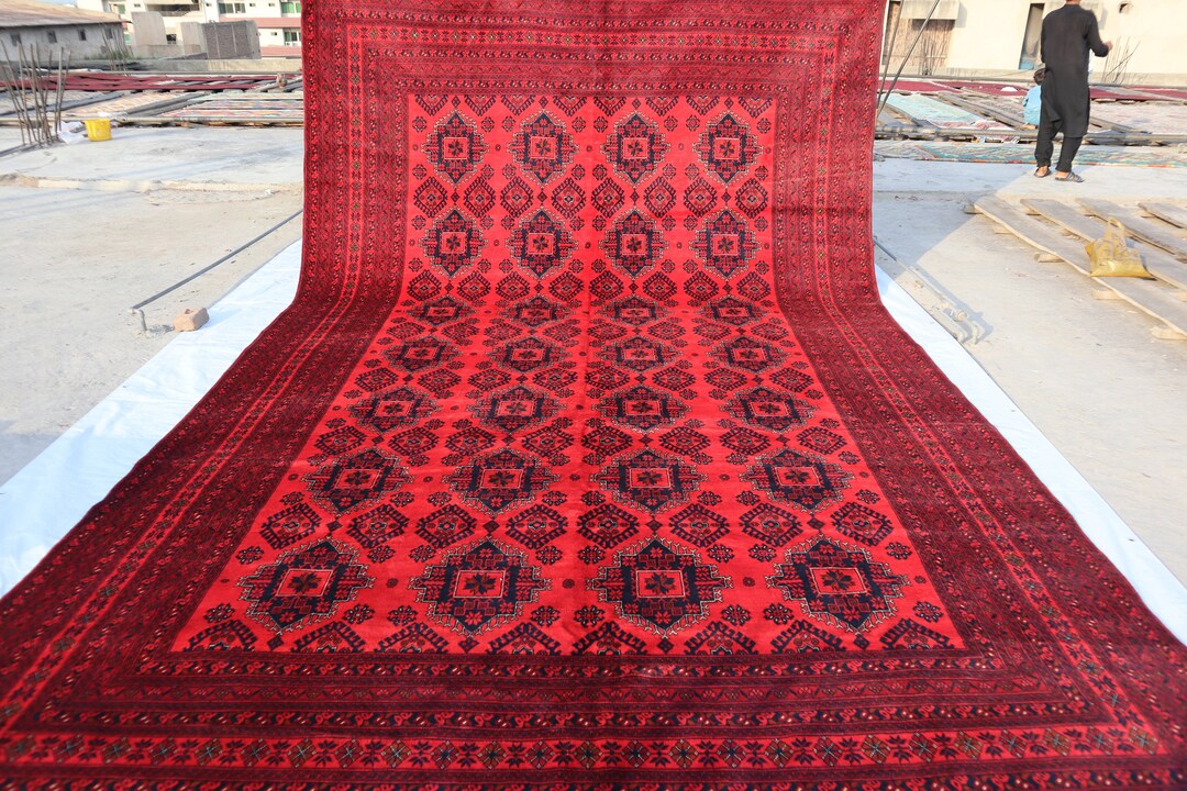 Large Vintage Bukhara Area Rug 10x16 Ft Red Afghan Hand Knotted Wool