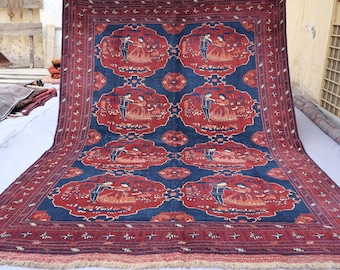 6&#39;6x9 ft Pictorial One of a Kind rug Afghan Hand Knotted veg dye Wool Large rug, Tribal Vintage Art Carpet, Farmhouse decor rug, Bedroom Rug