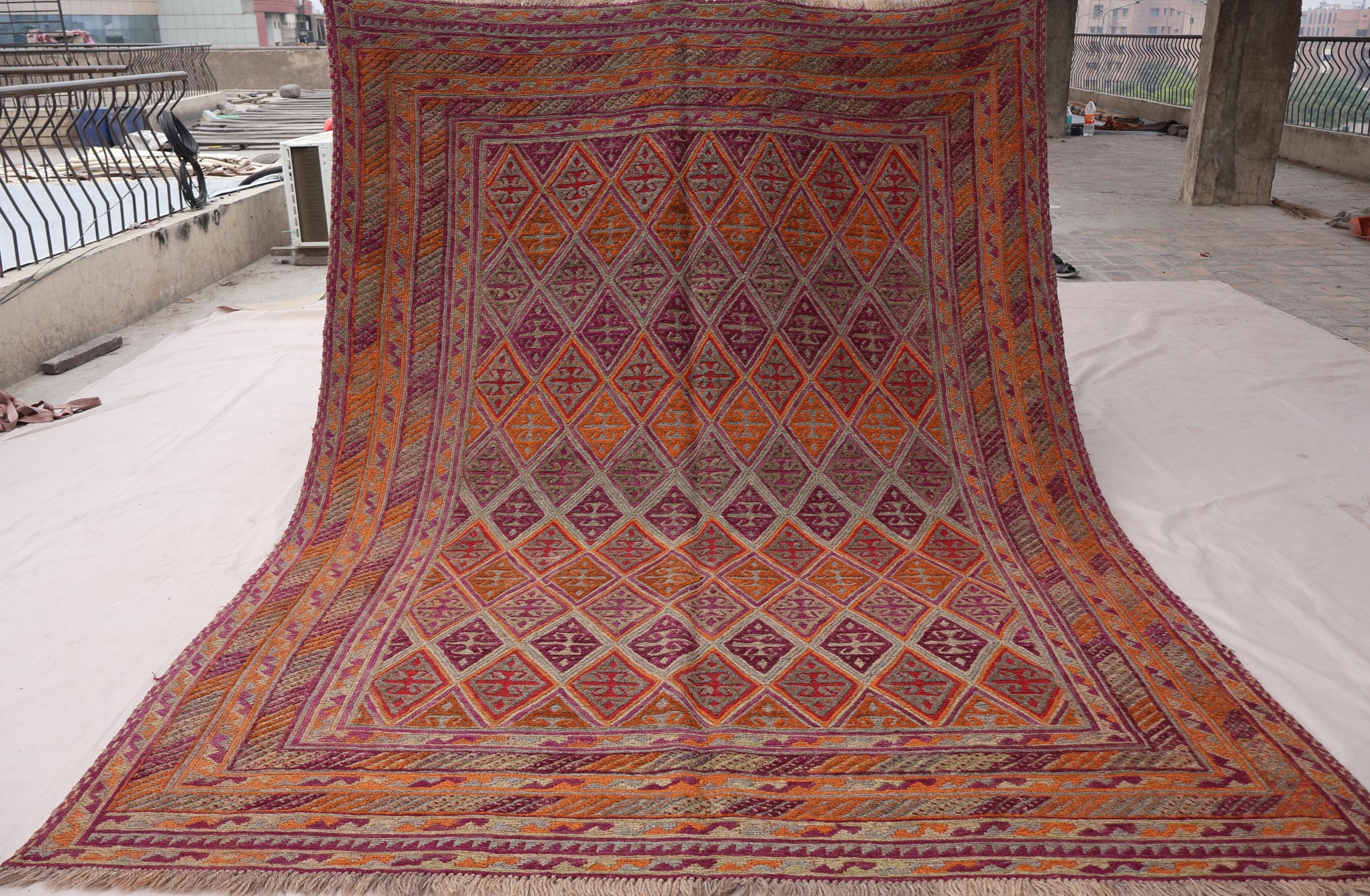 6'7x9' Tribal Vintage Mashwani Rug - Afghan Handmade Soft Wool Area Rug - Oriental Antique Old Turkmen Tribal Geometric Green Orange Purple