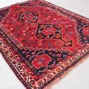 3&#39;9x5&#39;2 ft Caucasian Antique Rug, Handmade Wool Rug, Red Afghan Vintage Rug, Oriental Geometric Rug, Turkmen Tribal Area Rug, Bedroom Carpet