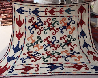 1970年代 ブラウン スザニ キリム ラグ – 5x5 ハンドメイド ウール