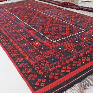 8x16 Large Kilim Rug, Vintage rug, Afghan Handmade Rug, Wool Area Rug, Orange Red Navy Black, Geometric Flatweave Rug, Dining Table Carpet