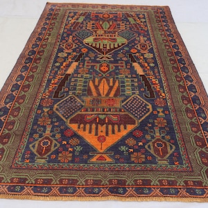 3&#39;5x6 ft Afghan Pictorial Rug, Vintage Baluch Hand Knotted veg dyes Wool Area Rug, Oriental Turkmen Rug, Antique floral Rug, Living Room Rug