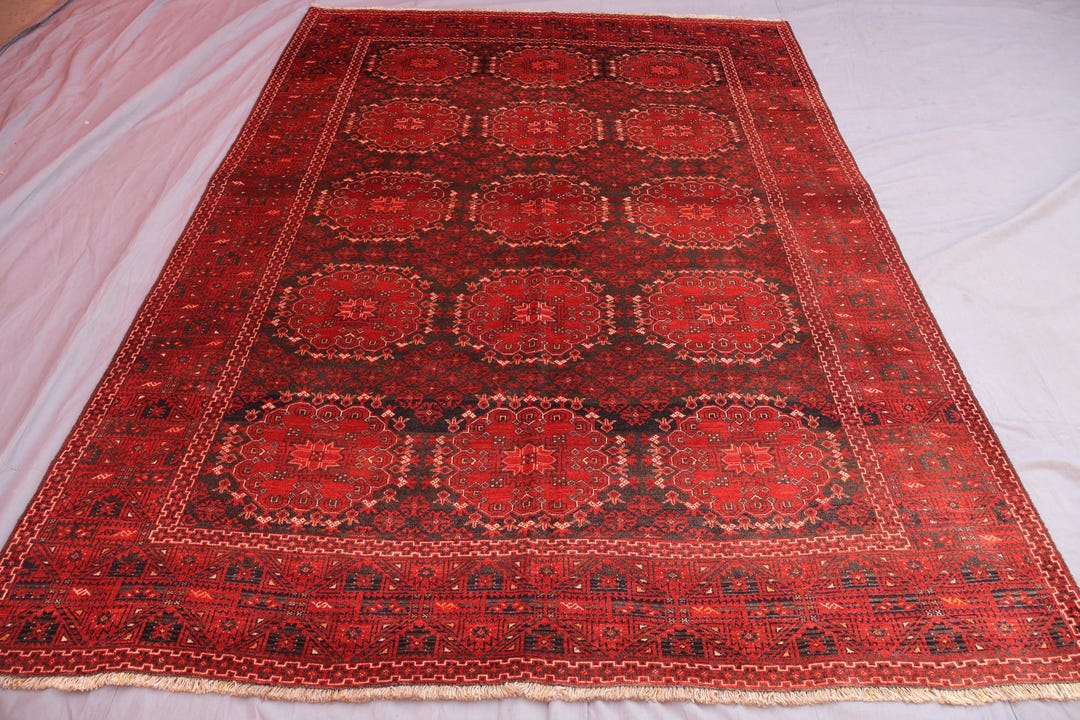 1940s Antique Rug 6x9 Red Afghan Hand Knotted Wool Rug, Turkmen Patnoos ...