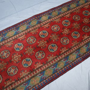 10 ft Red Bukhara runner rug, Hand Knotted veg dyes Wool Afghan Runner rug, Oriental Turkmen Rug, Tribal Runner, Hallway Runner, Kitchen Rug