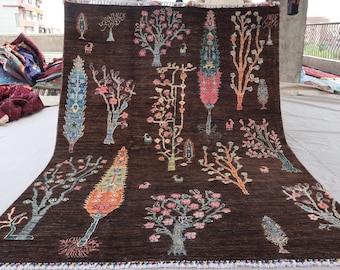 6x8 ft Brown Pictorial Rug, Tree Of Life Rug, Hand Knotted Afghan Natural dyes Wool Rug, Oriental Rug, floral Pictorial Rug, Home decor Rug