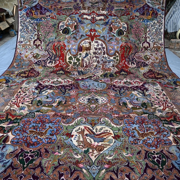 10x13 Vintage Pictorial Area Rug, Handmade High Pile Wool Rug, Antique Hunting Scene Rug, Afghan Animal Pictorial Rug, COLLECTORs PIECE rug