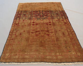 3'4x4'8 Terracotta Antique Rug, Afghan Handmade Low pile Wool Faded Rug, Turkmen Tribal Vintage Rug, Oriental Rug, Bedroom Rug, Kitchen Rug
