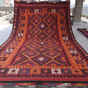 Alfombra Kilim geométrica afgana de 7x13, alfombra de lana hecha a mano, alfombra Boho Kilim de tejido plano turcomano, alfombra vintage oriental, alfombra de área tribal, alfombra de sala de estar