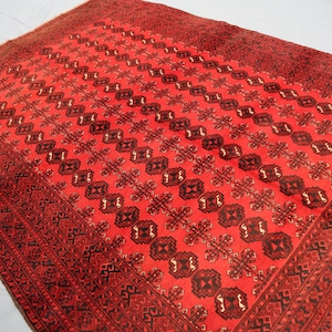 6&#39;7x9&#39;7 ft Vintage Tribal Rug, Afghan Handmade Wool Area Rug, Oriental Turkmen Rug, Antique Bukhara Rug, Living Room Rug, Red Bedroom Carpet