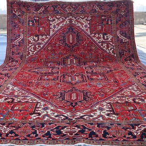 9x12 Antique Serapi Area Rug, Large Geometric Heriz Rug, Handmade Wool Rug, Collectors piece Red Vintage Rug, Oriental Rug, Living Room Rug
