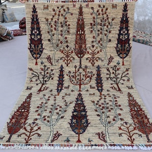 3x5 Taupe Beige Pictorial Rug, Afghan Gabbeh Hand Knotted veg dyes Wool Boho Area Rug, Birds Tree of life rug, Home decor, Kids Room Carpet