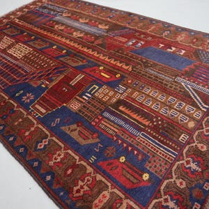 3x5 ft Afghan Vintage Pictorial Rug - Handmade Soft Wool Tribal Baluchi rug - Navy Blue Red Brown rug - Boho Oriental Rug - Kids Room Carpet