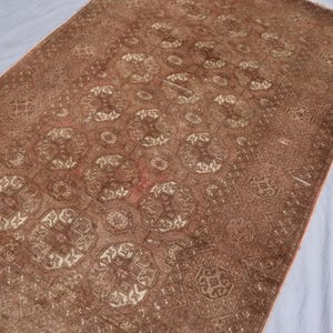 1920s Antique Brown Rug 4x7 ft Afghan Bukhara Rug, Low Pile Handmade Wool Rug, Oriental Faded Rug, Turkmen Tribal Area Rug for Living Room image 8