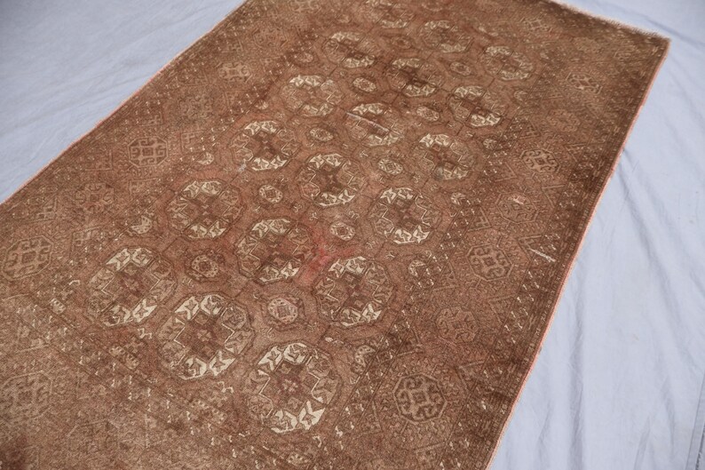 1920s Antique Brown Rug 4x7 ft Afghan Bukhara Rug, Low Pile Handmade Wool Rug, Oriental Faded Rug, Turkmen Tribal Area Rug for Living Room image 8