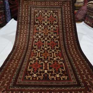 4x7 Afghan Vintage Baluch Rug, Hand Knotted Natural dyes Wool Geometric Medallion Rug, Oriental Turkmen Rug, Antique Tribal Rug, Bedroom Rug