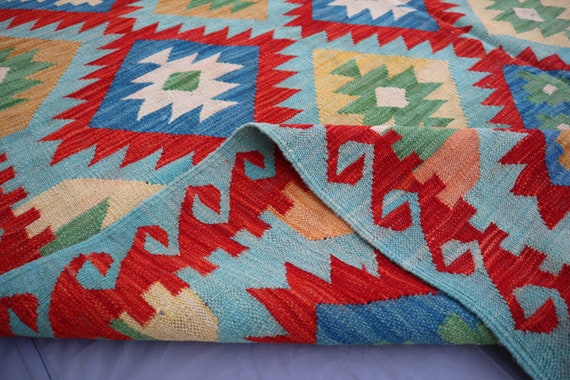 パキスタン製　ウールキリム　アフガンキリム 6x8 アフガニスタンキリムラグ、ソフトブルーレッドハンドメイドウール