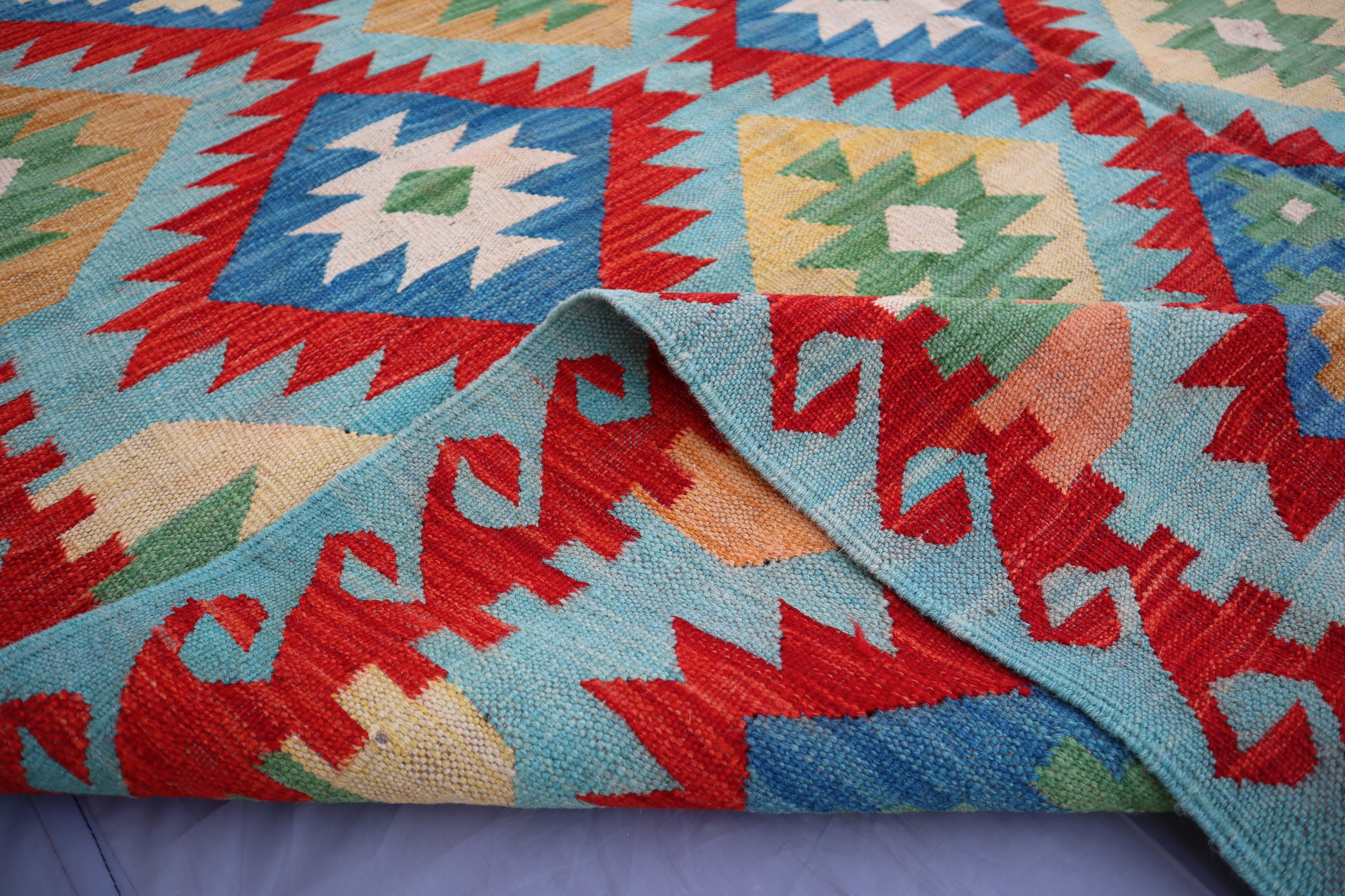 6x8 アフガニスタンキリムラグ、ソフトブルーレッドハンドメイドウール