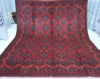 8x10 Large Vintage Rug, Turkmen Geometric Bukhara Rug, Afghan Hand Knotted rug, Oriental Red Wool Rug, Living Room Rug, Bedroom Rug